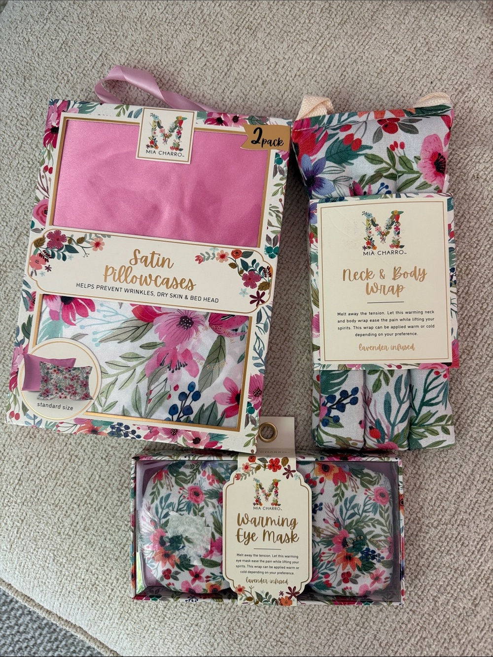Mia Charro Pink Satin Pillowcases & Floral Neck & Body Wrap Set